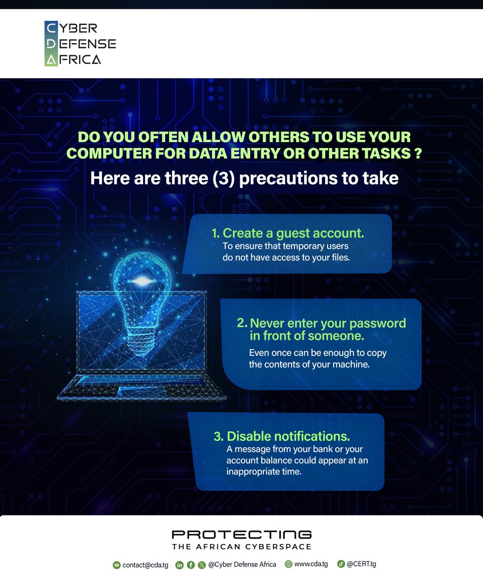 Is your computer access shared with other colleagues or third parties? Here are 3 precautions to take.

#CyberDefenseAfrica #DigitalSecurity #CyberSecurityAfrica