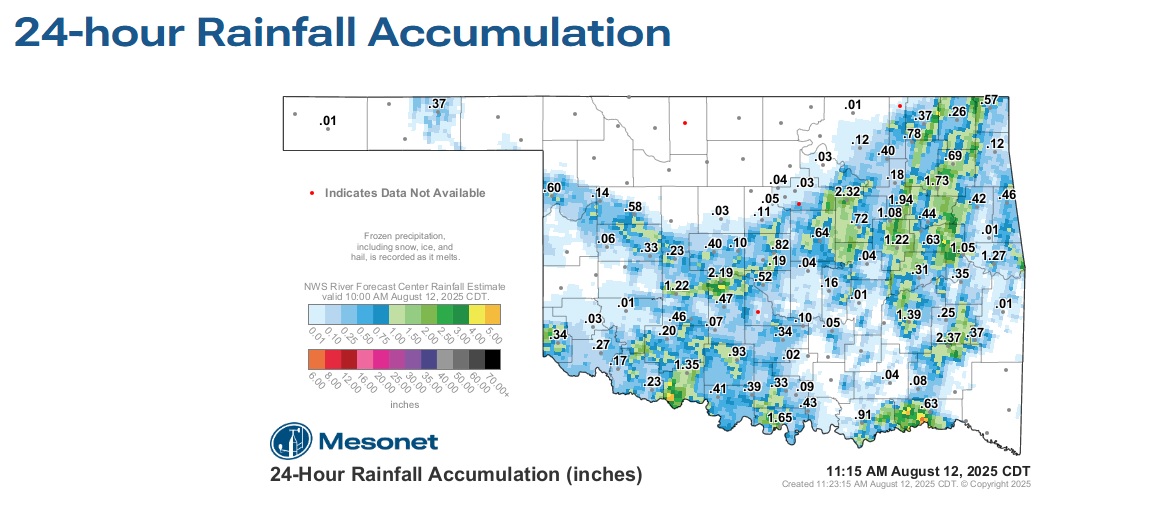 MID-AUGUST SOAKER: ⛈⛈

Heavy rain fell in pockets of Green Country with some spots receiving more than 4" of water!  Most of us saw rain, but as you see below, the amounts varied greatly due to the slow-moving downpours.
#okwx