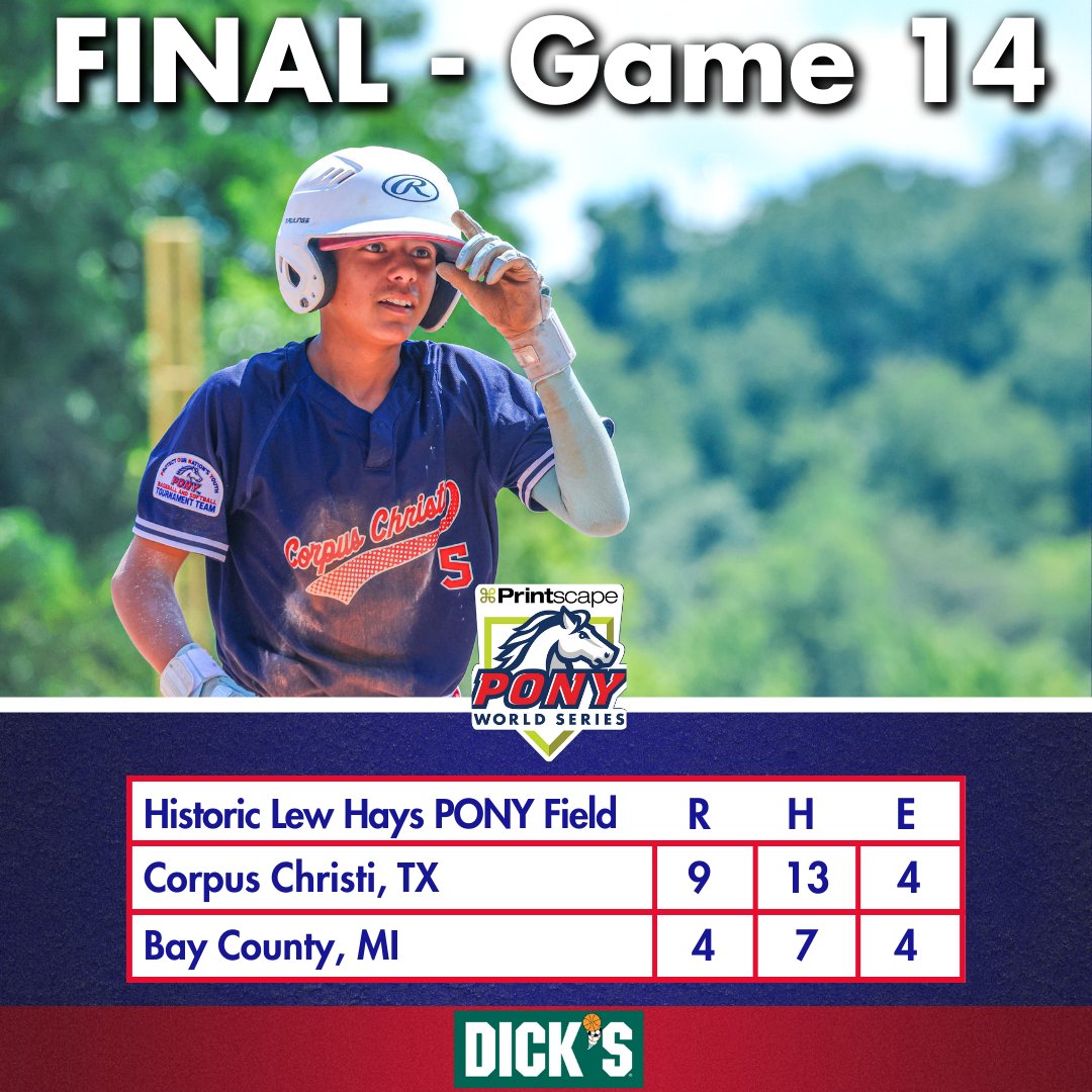 Corpus Christi, TX defeats Bay County, MI 9–4 to advance in the 2025 Printscape PONY League World Series.