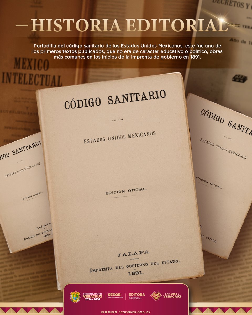 En 1891, la entonces Imprenta del Gobierno del Estado de Veracruz publicó el Código Sanitario de los Estados Unidos Mexicanos, una de las primeras obras impresas por esta institución que no pertenecía al ámbito educativo ni político, como era común en la época.
#poramoraveracruz
