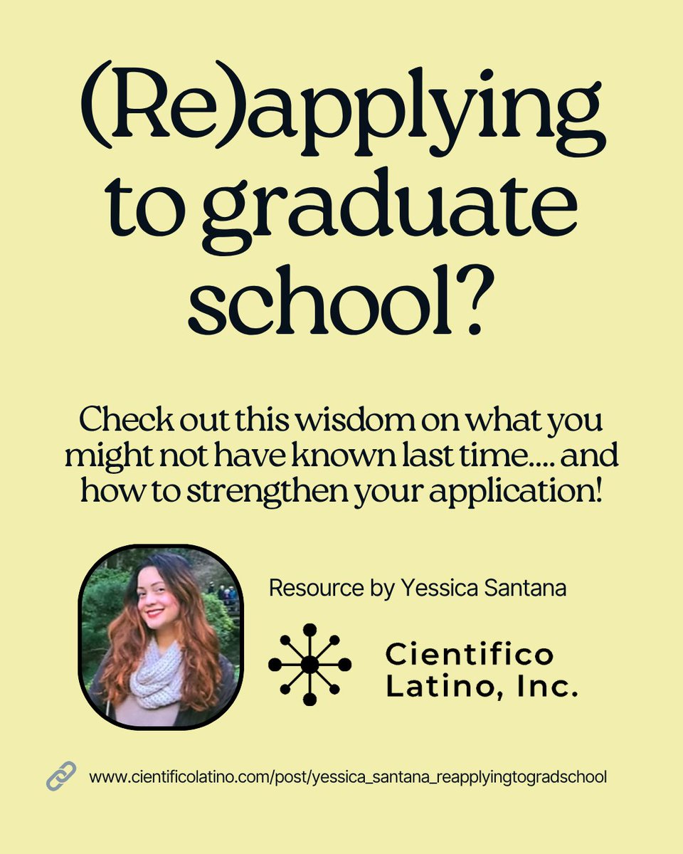 Re-applying to STEM grad programs?

Thinking about how to strengthen your application for the next cycle?

Check out this wisdom from Yessica Santana on what you might not have known last time &amp; how to improve!🌟💯

🔗 cientificolatino.com/post/yessica_s…