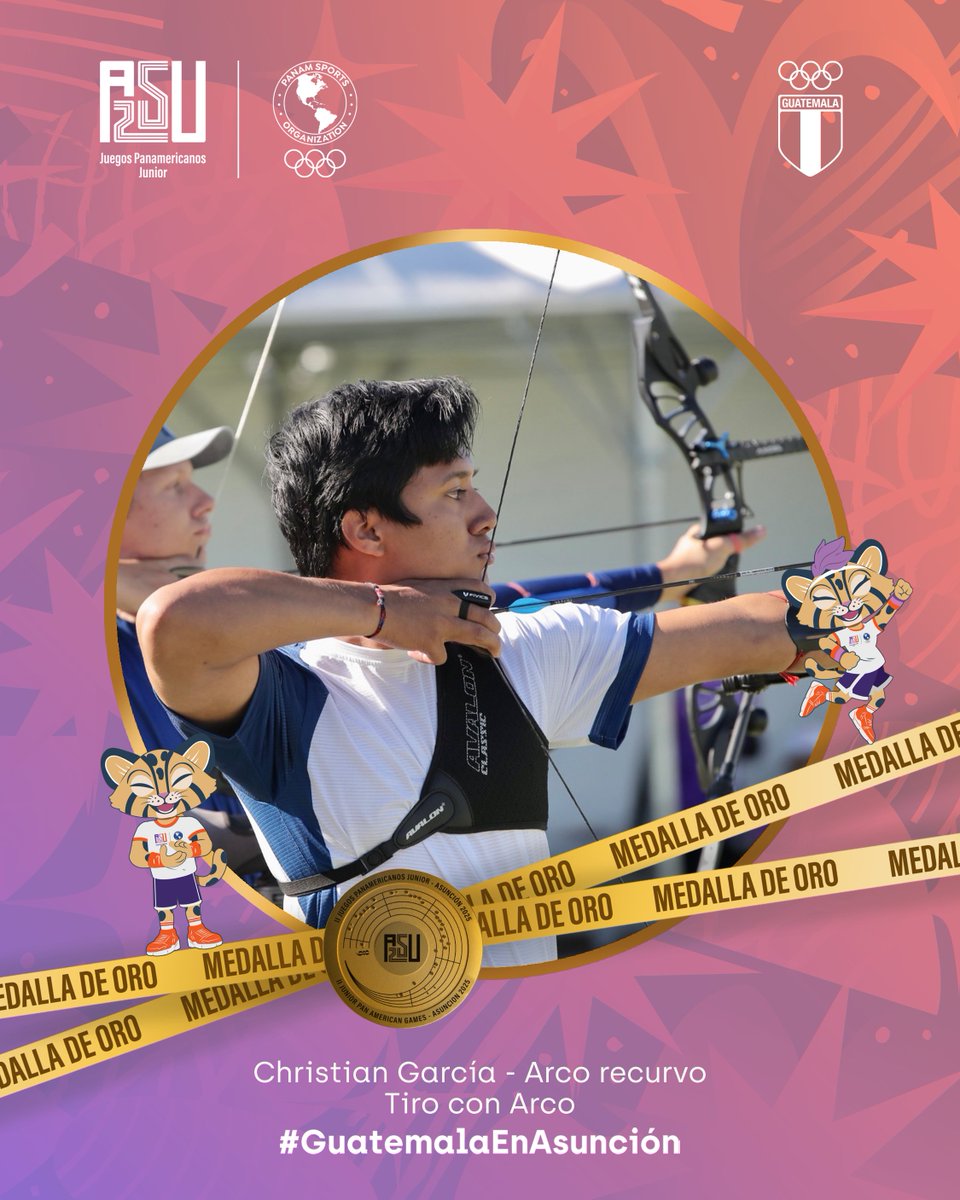 COGuatemalteco's tweet photo. ¡CAMPEÓN CON TODAS SUS LETRAS! 🥇🎯 El orgullo no cabe en el pecho mientras fluyen las emociones. Christian García le da a Guatemala su segunda medalla de oro en estos Juegos Panamericanos Junior, tras una espectacular final en tiro con arco, modalidad recurvo, en la que superó 6-4 al colombiano Andrés Hernández. 👏🏻🤩

#GuatemalaEnAsunción #ASU2025 #TiroArco #Campeón #Oro
