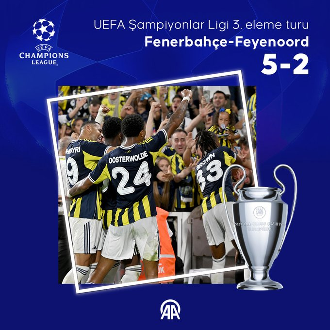 🟡🔵TEBRİKLER FENERBAHÇE

Fenerbahçe, Feyenoord'u 5-2 skoruyla mağlup ederek play-off turuna yükseldi.

#Fenerbahçe #FBvFEY