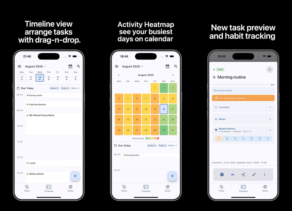 KorqApp's tweet photo. Korq v1.6.12 is here!
Timeline View is the headline feature - your tasks are now displayed on a 24-hour visual grid (calendar-like). You can drag and drop tasks to reschedule them instantly, making planning much more intuitive. https://t.co/S4Zlkjr0CX