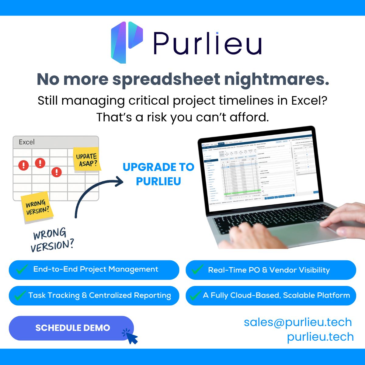 PurlieuTeam's tweet image. Still managing critical timelines in Excel?  Purlieu gives you real-time visibility into every milestone. 

 purlieu.tech
 sales@purlieu.tech

#SpreadsheetAlternatives #ProjectDashboard #AutomationTools #ModernPM #excel #workflowautomation #automation #saas #vendor