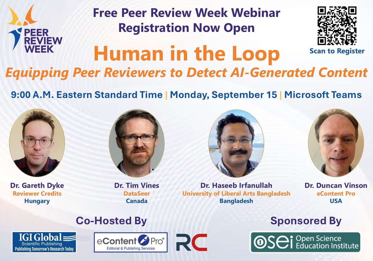 igiglobal's tweet photo. Register for our free #PeerReviewWeek webinar titled "Human in the Loop: Equipping Peer Reviewers to Detect AI-Generated Content": https://t.co/TlaRj7I02S
#FreeWebinar #PRW2025 #IGIGlobalScientificPublishing #eContentPro #ReviewerCredits #OSEI https://t.co/szPj8KB4jB
