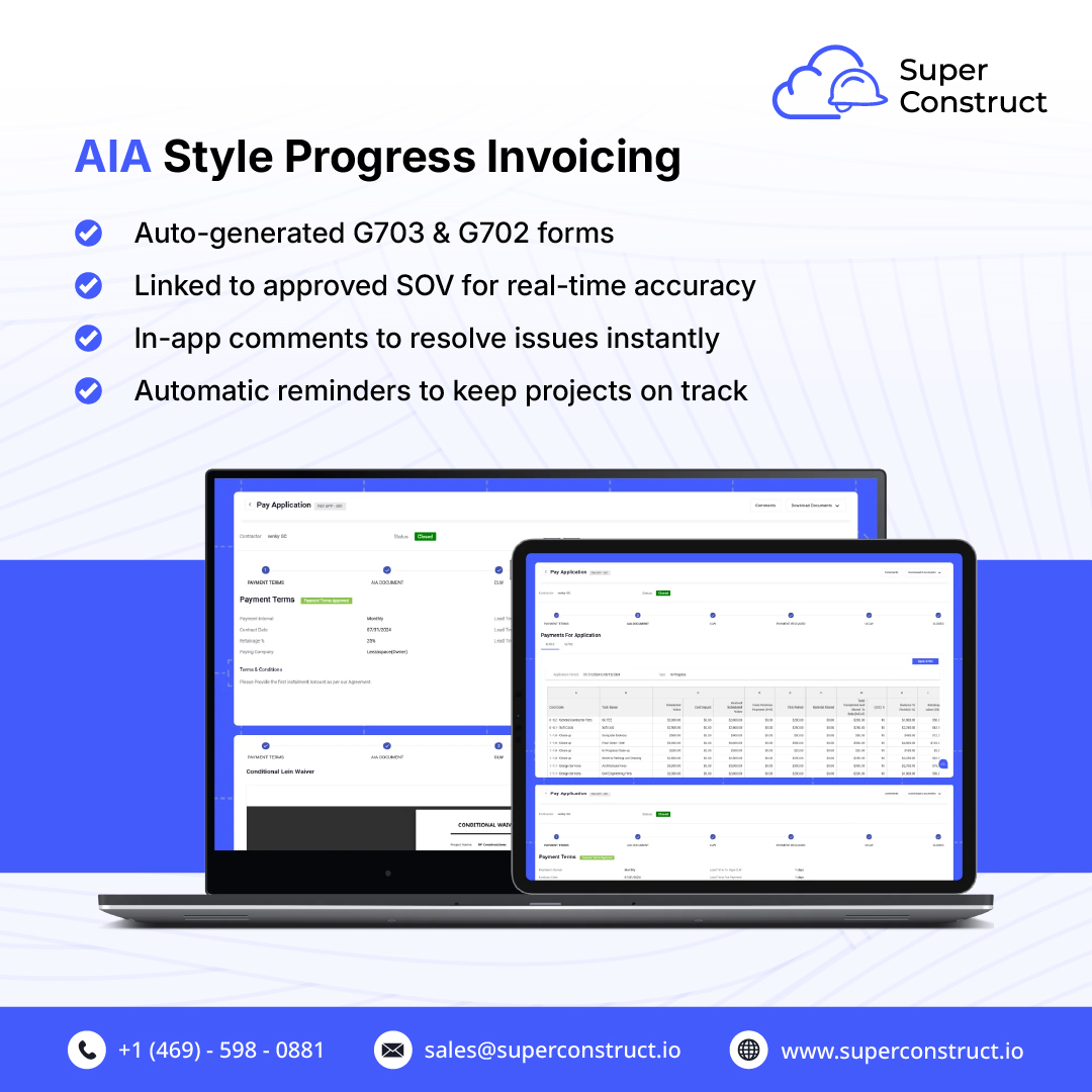 isuperconstruct's tweet image. SuperConstruct’s AIA Progress Invoicing auto-generates G703 &amp;amp; G702 forms linked to your Schedule of Values. Approvals, comments, and reminders all in one app.
+1 (469) 598-0881
 superconstruct.io
#Construction #PayApps #AIABilling #BuildSmarter