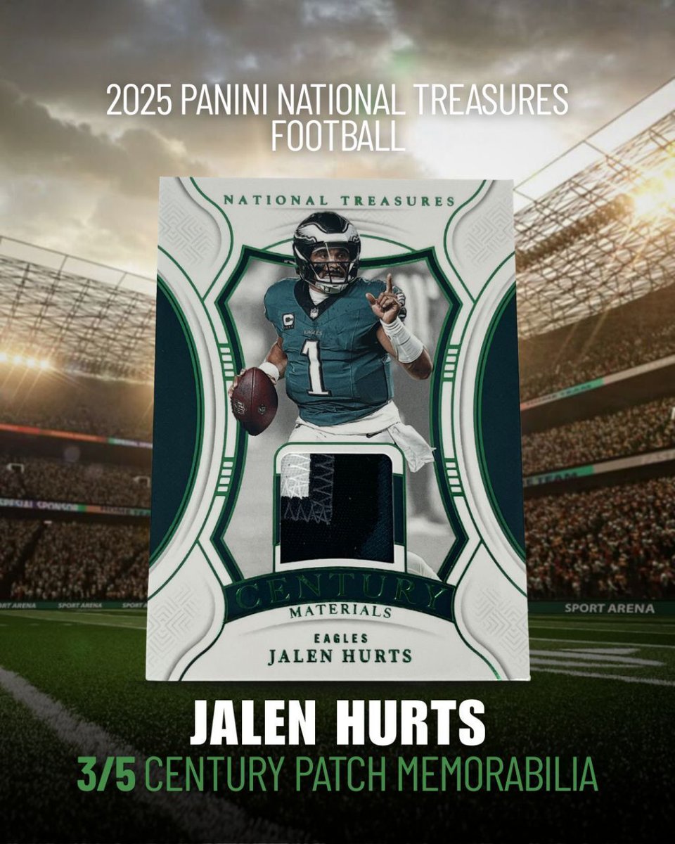 💎 3/5 GEM! 💎 

Feast your eyes on this 2024 Panini National Treasures Football Jalen Hurts Century Patch Memorabilia — only 5 in existence, and we’ve got one! 🏈🔥 

A true centerpiece for any Eagles fan or high-end collector. 

#JalenHurts #NationalTreasures #CenturyPatch