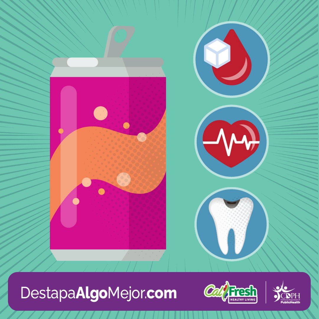 ¿Sabías que los refrescos y otras bebidas azucaradas vienen con algunos riesgos no tan dulces para la salud? Beber demasiada azúcar está asociado con la diabetes tipo 2, enfermedades cardíacas y caries dentales. ¡Elijamos opciones más saludables para un futuro más dulce!