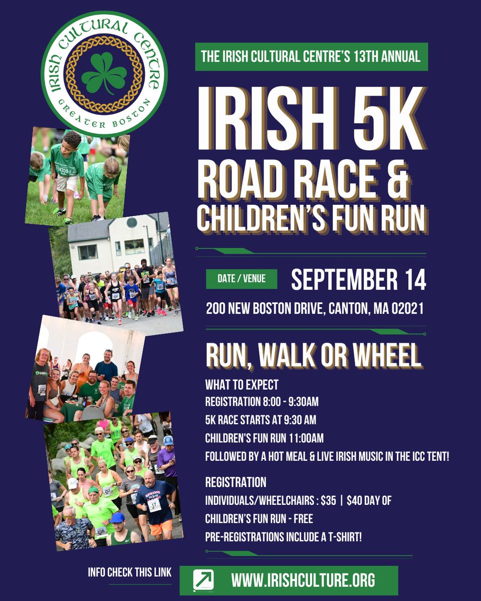 IrishCultureBos's tweet photo. 🏁 𝗥𝗲𝗮𝗱𝘆, 𝘀𝗲𝘁, 𝗚𝗢!

Registration is open for our 𝟭𝟯𝘁𝗵 𝗔𝗻𝗻𝘂𝗮𝗹 𝟱𝗞 𝗥𝗼𝗮𝗱 𝗥𝗮𝗰𝗲 &amp; 𝗖𝗵𝗶𝗹𝗱𝗿𝗲𝗻’𝘀 𝗙𝘂𝗻 𝗥𝘂𝗻! 🎉👟
Tag your running buddy and let the countdown begin! 🏃‍♀️🏃‍♂️💥 #FunRunVibes #13thAnnual5K

Register today at https://t.co/FziX369FzS https://t.co/zgvmgDKS4N