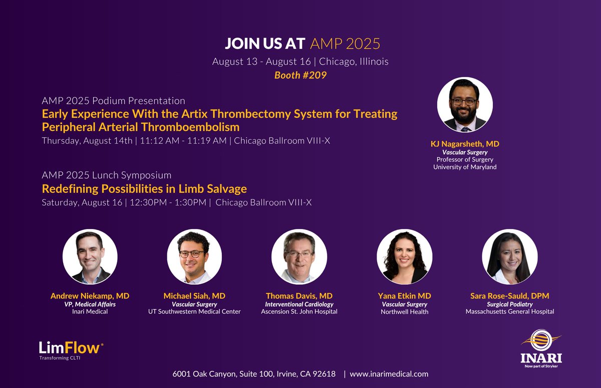 InariMedical's tweet image. We’re live at #AMP25 in Chicago!

Stop by Booth #209 to explore innovative technologies from both #LimFlow and #Artix — designed to improve outcomes in challenging vascular disease cases.

Learn about LimFlow’s #TADV procedure for #CLTI patients and Artix’s groundbreaking…