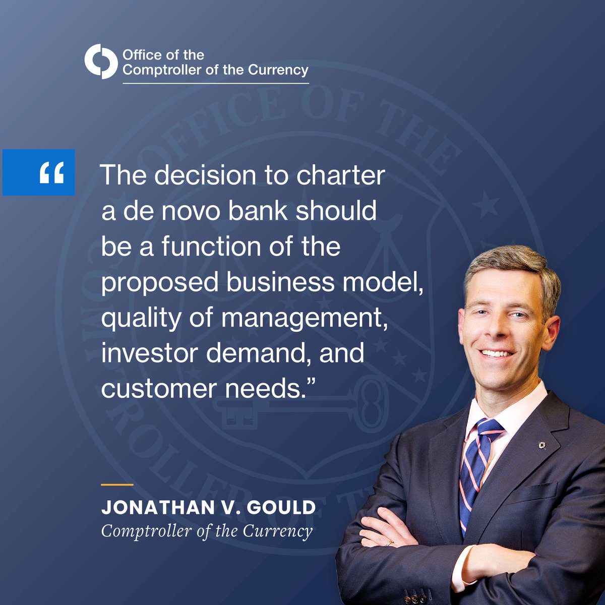 The OCC approves proposals to establish banks that have a reasonable chance of successful business and operations, provide fair access to financial services, comply with laws and regulations, promote fair treatment of customers, and foster healthy competition.