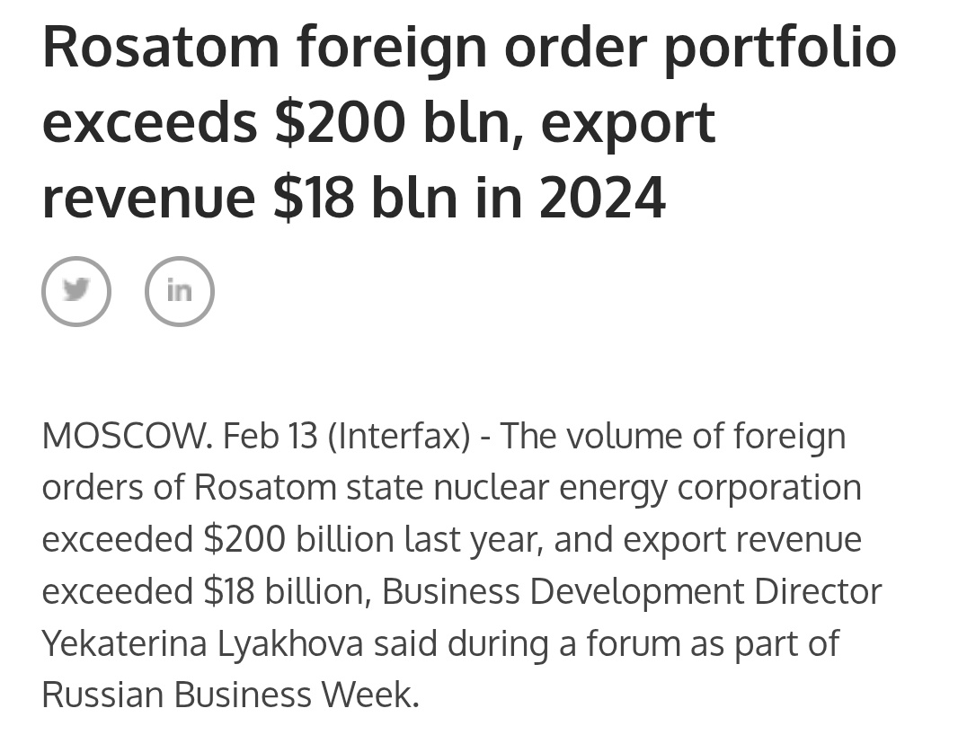 Leuk weetje.

Naast gas exporteert Rusland ook kerncentrales over de halve wereld: Bangladesh, Belarus, China, Egypte, Turkije.... en het levert hen miljarden winst op.

Wij importeren Chinese windmolens en zonnepanelen. En gas uit Qatar en de USA. Dat kost ons miljarden.