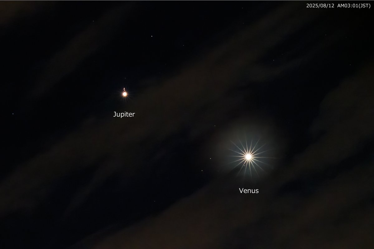 金星と木星の最接近２日目（両者の距離1°）は雲量95％ぐらいだったが、本当にワンチャンスが来た。木星の上にはガリレオ衛星が３つ（上からエウロパ、ガニメデ、イオ）固まっていた。