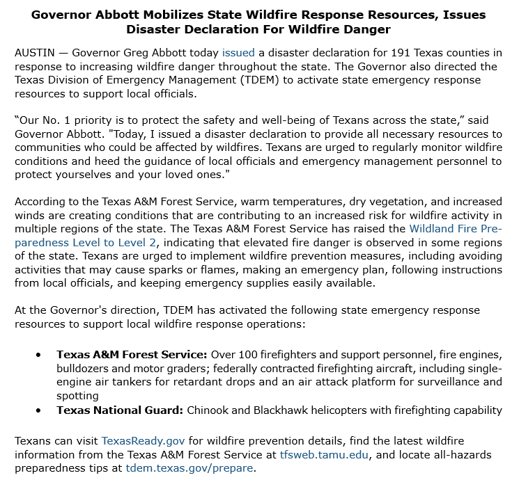 Texas is facing elevated wildfire danger.

Today, I issued a disaster declaration for 191 counties &amp; mobilized state emergency response resources.

Texans are urged to monitor wildfire conditions.

Our #1 priority is to protect the safety of Texans.