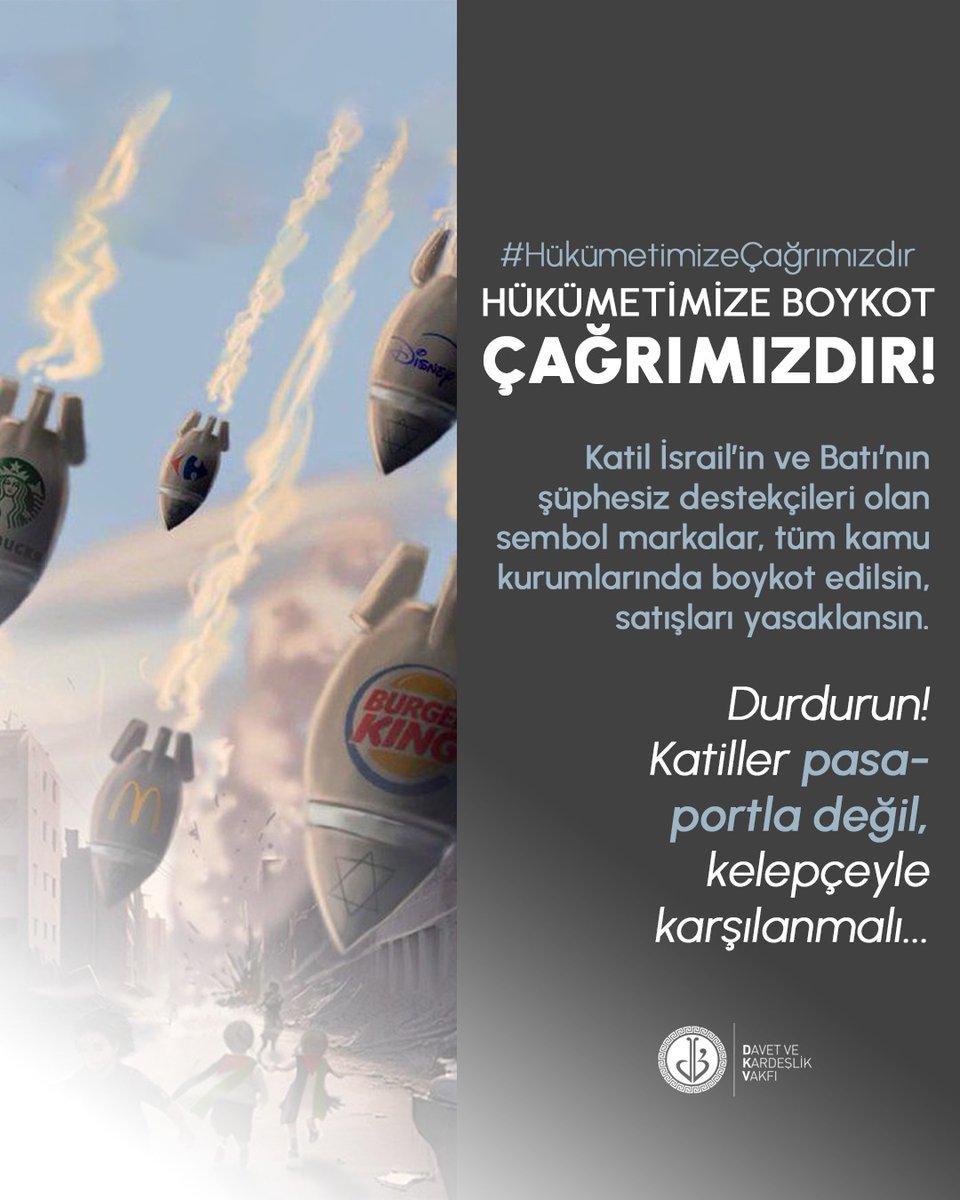 Katil İsrail ile ticari ve siyasi tüm ilişkiler kesilsin! Destekçileri de aynı şekilde boykot edilsin!
#HükümetimizeÇağrımızdır