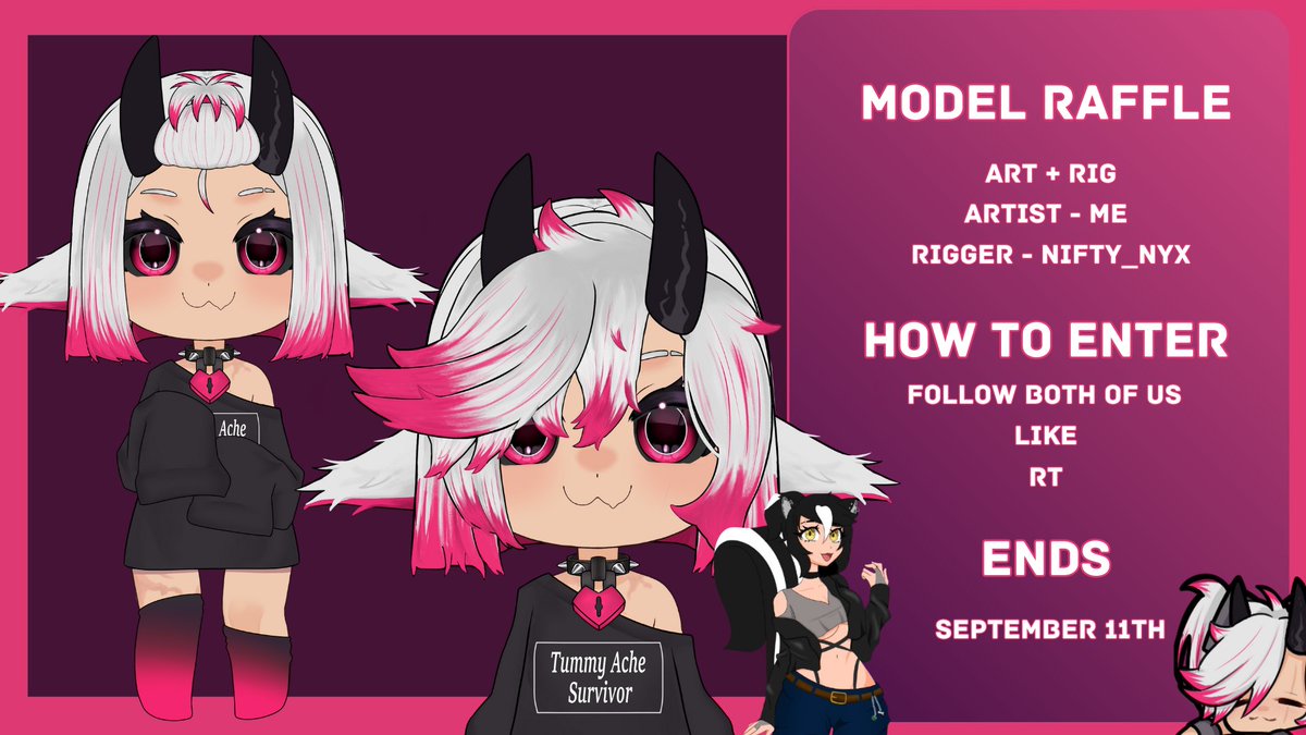 dizzy | Chibi raffle Sept 15th โ๏ธโ๐ฅ๐ฅ (@notemberdizzy) on Twitter photo โค๏ธโ๐ฅMODEL RAFFLE โค๏ธโ๐ฅ
1 Chibi model with 3 expressions and 1 toggle of your choice!
To Enter:
Follow <a href="/notemberdizzy/">dizzy | โ๏ธโ๐ฅ๐ฅ</a> & <a href="/Nifty_Nyx/">NiftyNyx ๐ฆจSkunk Vtuber ๐ฆจ</a>
Like & Retweet (no QRT)
Comment your OC (Must have reference sheet of your oc!)
Winner will be announced on September 15th! ^^
#Vtuber #VTuberUprising โค๏ธโ๐ฅMODEL RAFFLE โค๏ธโ๐ฅ
1 Chibi model with 3 expressions and 1 toggle of your choice!
To Enter:
Follow <a href="/notemberdizzy/">dizzy | โ๏ธโ๐ฅ๐ฅ</a> & <a href="/Nifty_Nyx/">NiftyNyx ๐ฆจSkunk Vtuber ๐ฆจ</a>
Like & Retweet (no QRT)
Comment your OC (Must have reference sheet of your oc!)
Winner will be announced on September 15th! ^^
#Vtuber #VTuberUprising