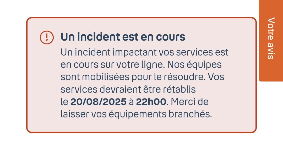 roroelrigolo's tweet photo. Bonjour @bouyguestelecom,

Plus internet depuis plusieurs jours, premier message qui dit que tout reviendra la 11, et maintenant décalé au 20. Sans explications, ni aucune information...

Super pour travailler. 

Vous trouvez ça normal dans une ville comme Bordeaux ? https://t.co/ttpa7cc7np