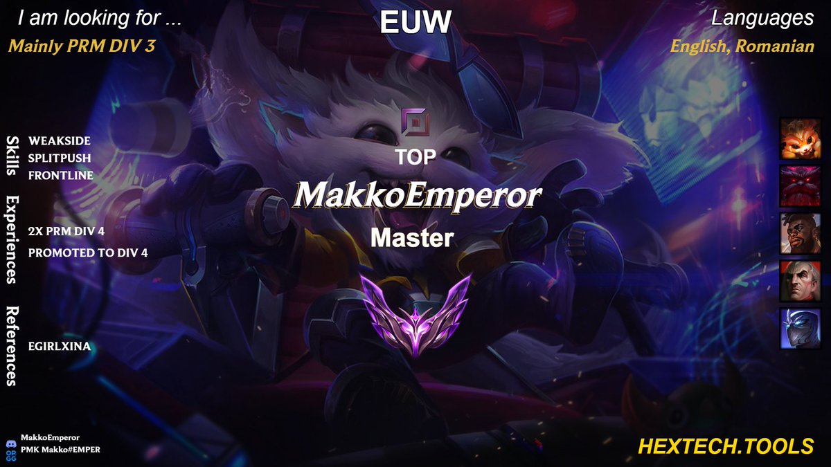 Makko (@makkoemperor) on Twitter photo After finish first place in groups but falling short in playoffs, I am looking for a new opportunities.
Mainly looking for PRM DIV 3, but i am open to good DIV 4 offers or other regions as well.
Discord: MakkoEmperor
❤️& 🔄 are appreciated.
<a href="/LoL_LFT/">LoL Looking For Team 🇮🇹 🇪🇺</a>
<a href="/lft_prm/">LFT PRM</a>
<a href="/LFTDiscord/">LFT Discord - lol/val/rl</a> After finish first place in groups but falling short in playoffs, I am looking for a new opportunities.
Mainly looking for PRM DIV 3, but i am open to good DIV 4 offers or other regions as well.
Discord: MakkoEmperor
❤️& 🔄 are appreciated.
<a href="/LoL_LFT/">LoL Looking For Team 🇮🇹 🇪🇺</a>
<a href="/lft_prm/">LFT PRM</a>
<a href="/LFTDiscord/">LFT Discord - lol/val/rl</a>