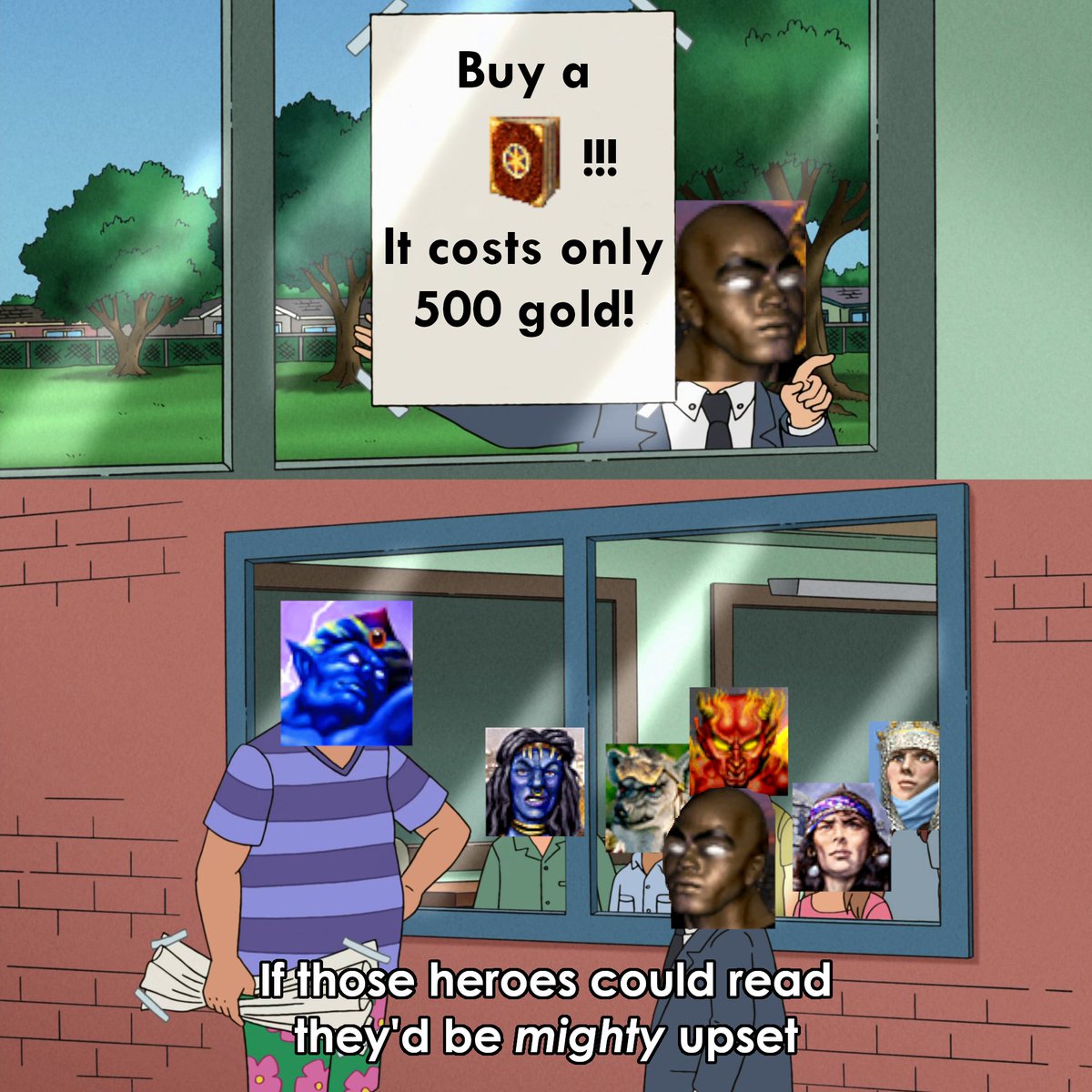 Xguest273X's tweet photo. If I don't have 500 gold for a spell book, then may Titan's Thunder strike me down!
#heroes #heroes3 #homm #homm3 #guest273 #hota #hornoftheabyss #heroes3hota #h3hd #meme #memes #spellbook #book #dracon #solmyr #yog #drakon #rashka #synca #sylvia #gold #magic #spell #read https://t.co/dIheV4XIzr