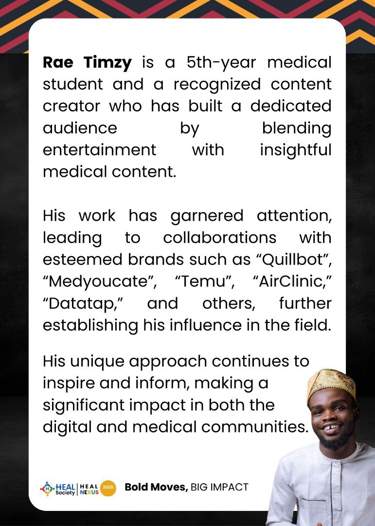 HEAL Society (@healsociety_) on Twitter photo SPEAKER UNVEIL – HEAL Nexus 2025
Rae Timzy <a href="/omo_Akinbile/">rae_timzy</a> is a recognized content creator and 5th-year medical student who has built a dedicated audience by blending entertainment with insightful medical content. SPEAKER UNVEIL – HEAL Nexus 2025
Rae Timzy <a href="/omo_Akinbile/">rae_timzy</a> is a recognized content creator and 5th-year medical student who has built a dedicated audience by blending entertainment with insightful medical content.