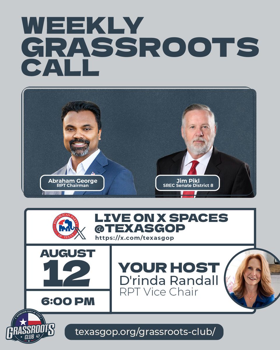 Join us tonight at 6 PM for a special X Live event featuring Chairman @AbrahamGeorge and SREC member Jim Pikl. They will cover the topic of redistricting.

This conversation is open to ALL Republicans, so invite your friends, family, and fellow conservatives to tune in! Share the