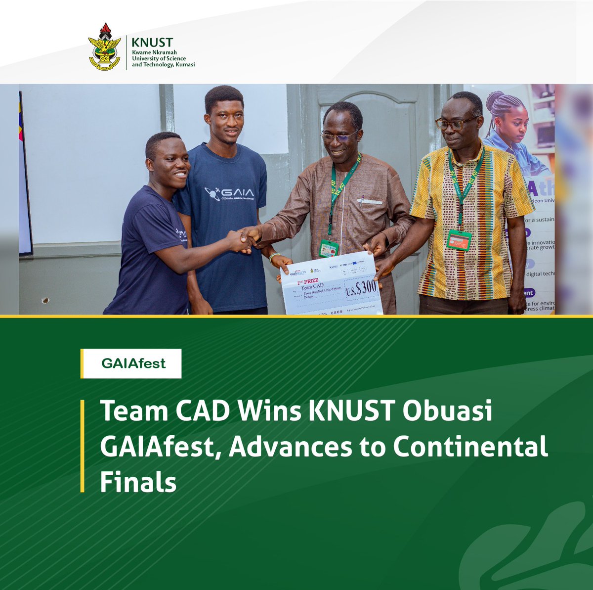 Team CAD has emerged as champions at the Kwame Nkrumah University of Science and Technology (KNUST) Obuasi campus GAIAfest, securing $300 and a place in the continental GAIAfest 2025 finals on Aug 19-20.

Learn more here⬇
knust.edu.gh/news/news-item…

#GAIAthon25 #GAIAClub