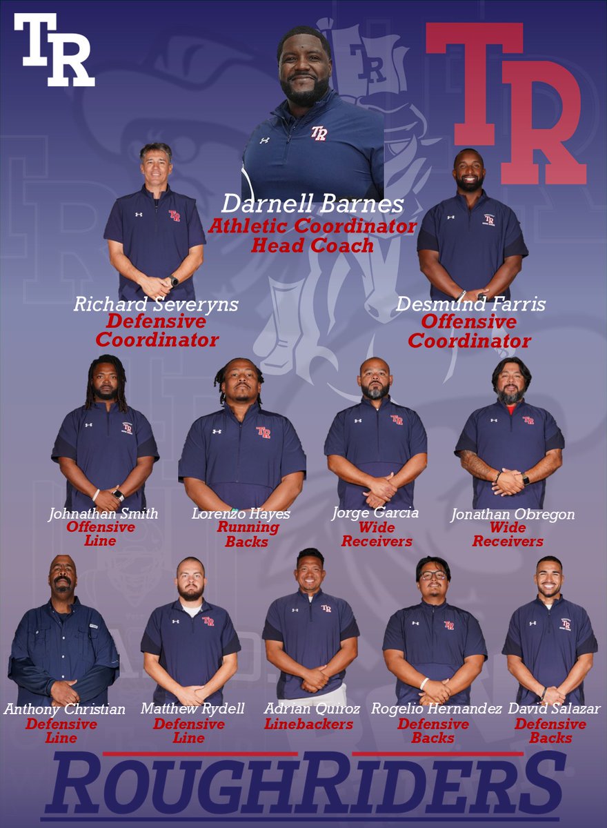 Jorge Garcia (@coachjgarciaiii) on Twitter photo Rider Community!
Meet your Roughrider Varsity Football Staff. We want make sure you know who is coaching your student-athlete and who the entire staff is.
It's a great day to be a Rider.
<a href="/CoachBarnes91/">Darnell Barnes M.Ed</a> <a href="/NeisdAthletics/">NEISD ATHLETICS</a> <a href="/WeAreTRHS/">Theodore Roosevelt High School - NEISD</a> <a href="/TRRoughRiderFB/">Roosevelt Rough Riders</a> <a href="/Coach_MRydell/">Coach Rydell</a> <a href="/lorenzo_jw/">Lorenzo Hayes, M.Ed.</a> Rider Community!
Meet your Roughrider Varsity Football Staff. We want make sure you know who is coaching your student-athlete and who the entire staff is.
It's a great day to be a Rider.
<a href="/CoachBarnes91/">Darnell Barnes M.Ed</a> <a href="/NeisdAthletics/">NEISD ATHLETICS</a> <a href="/WeAreTRHS/">Theodore Roosevelt High School - NEISD</a> <a href="/TRRoughRiderFB/">Roosevelt Rough Riders</a> <a href="/Coach_MRydell/">Coach Rydell</a> <a href="/lorenzo_jw/">Lorenzo Hayes, M.Ed.</a>