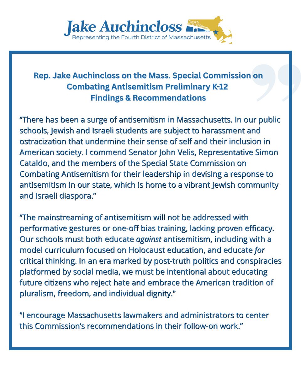 My full statement on the Mass. Special Commission on Combating Antisemitism's preliminary K-12 findings and recommendations: