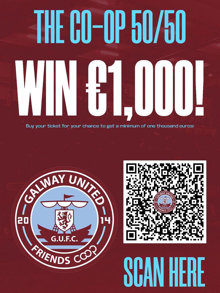 Galway United CoOp’s first-ever 50/50 draw is Aug 23! Guaranteed pot of €1,000 (likely more). Winner gets half, the rest supports Academy Clubs, supporter buses, flags &amp; community projects.