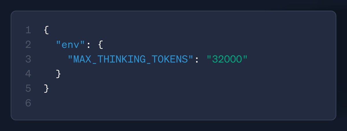 RayFernando1337's tweet photo. Claude has been holding back on you.

There's a hidden 'thinking mode' that makes it 10x better at solving hard problems and it's just one setting away.

Here's how to unlock Claude's actual brain:
enabling MAX_THINKING_TOKENS in your .claude/settings.local.json https://t.co/ZhUAxcmpqv