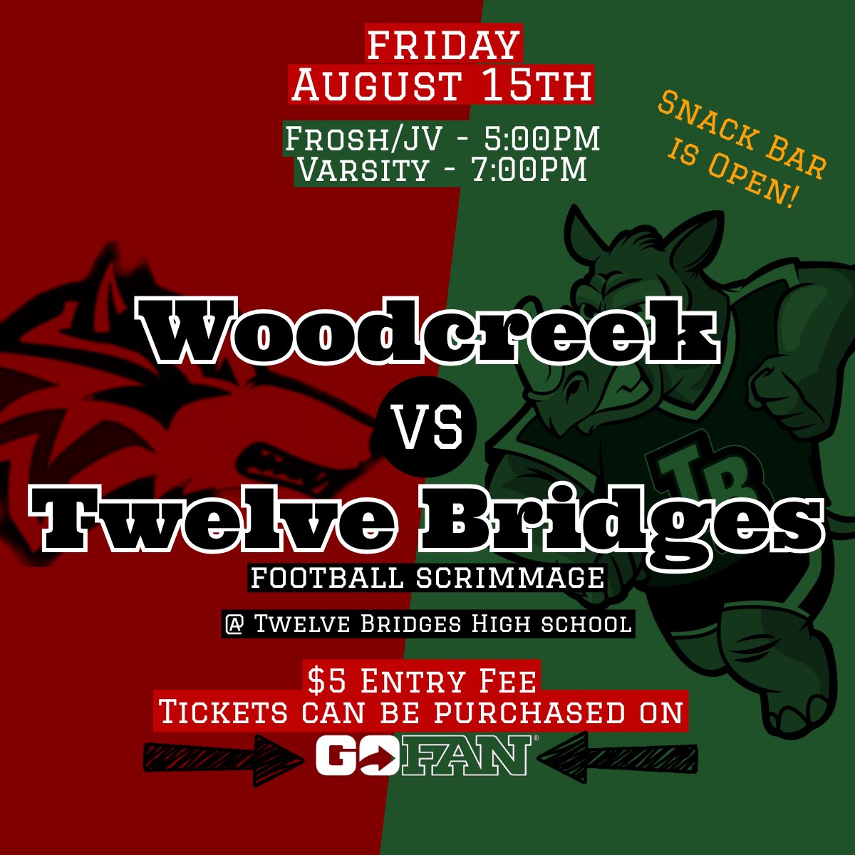 🏈 Football season is right around the corner! One last tuneup against talented <a href="/WoodcreekFB/">Woodcreek Football</a>.  ✅Frosh/JV start at 5PM 
✅Varsity starts at 7PM
🎫Tickets can be purchased on GoFan!