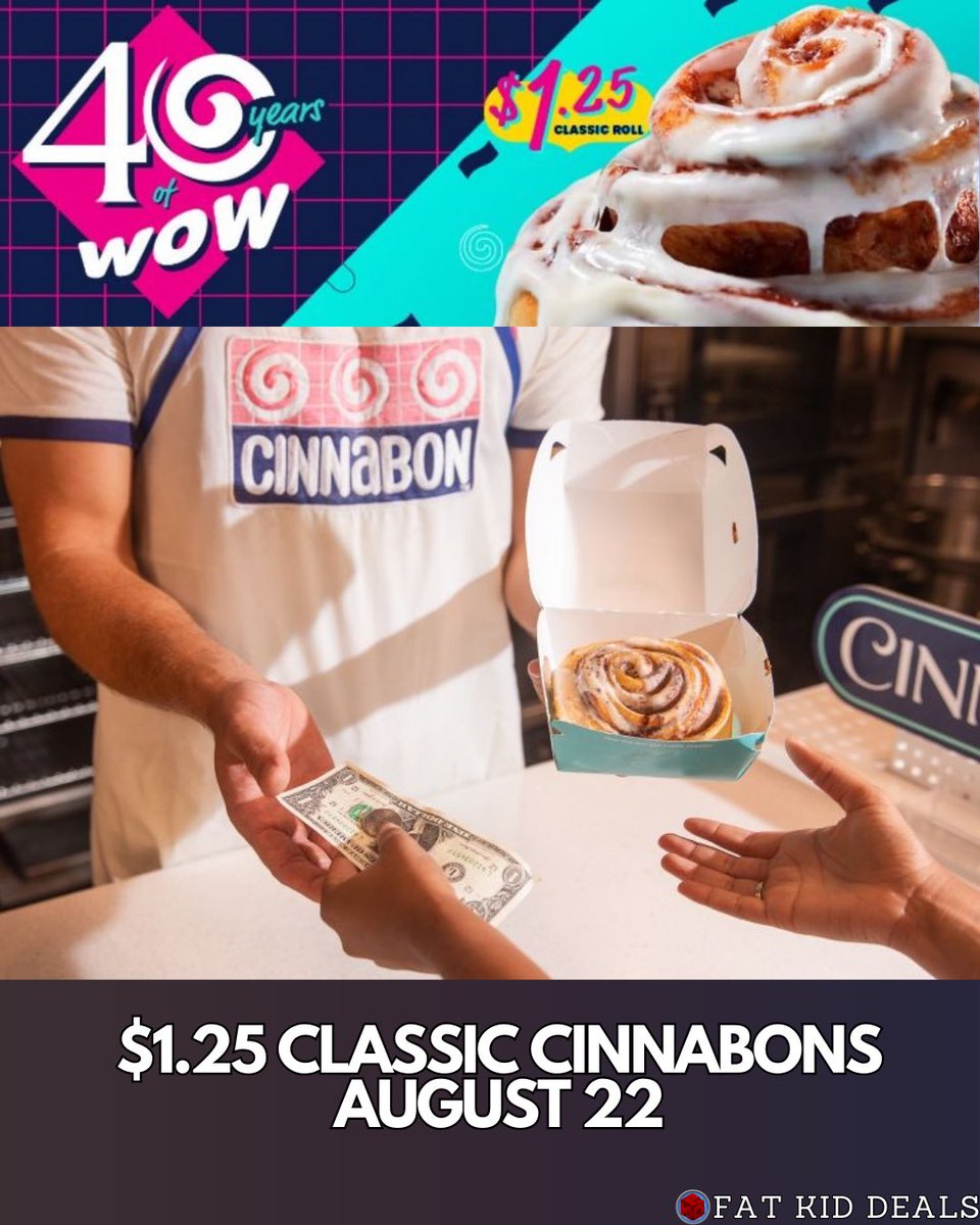 To Celebrate their 40th Birthday, Classic Cinnabons will be $1.25 from 12pm-4pm local time on August 22. Must be Cinnabon Rewards Member (free to sign up)