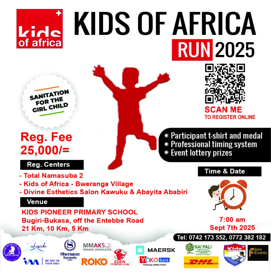 NahuriraVictor's tweet photo. The Kids of Africa Run is Back. Please join us on Sept 7th at Kids Pioneer Primary School @KidsPioneer01
 📍 Bugiri-Bukasa - Kawuku Entebbe Road
 🏃‍♂️ Come let's Support sanitation for the girl child, win prizes, and enjoy a fun 21K/10K/5K run! Reg: 25,000/= only

Click the link below to register👇🏾 
https://t.co/50XoqTKs2W

#RunForACause 
#KidsOfAfrica 
#FitnessMotivation #CommunityRun