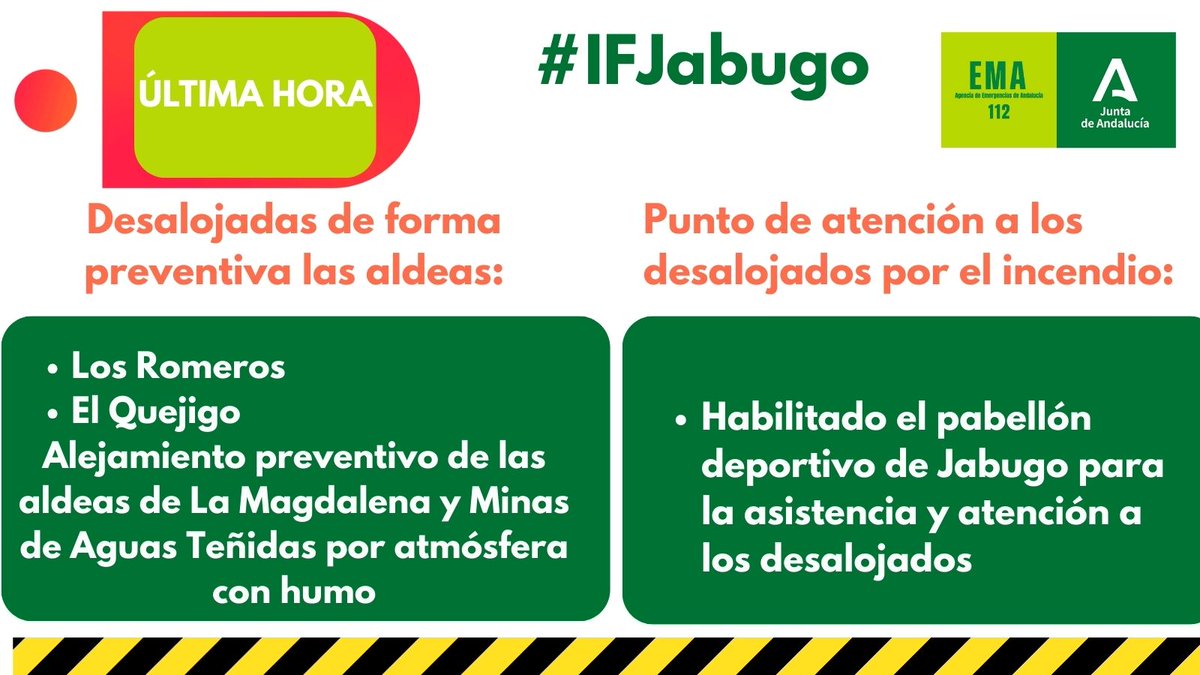 📢 Desalojadas las aldeas de Los Romeros y El Quejigo por el #IFJabugo 
➡️ Alejamiento preventivo de las aldeas de La Magdalena y Minas de Aguas Teñidas por humo

🔉 Establecido punto de atención a los desalojados en el pabellón deportivo de #Jabugo 
<a href="/Plan_INFOCA/">EMA INFOCA</a> 
<a href="/InteriorJunta/">Consejería Presidencia, Interior, Diálogo Social</a>