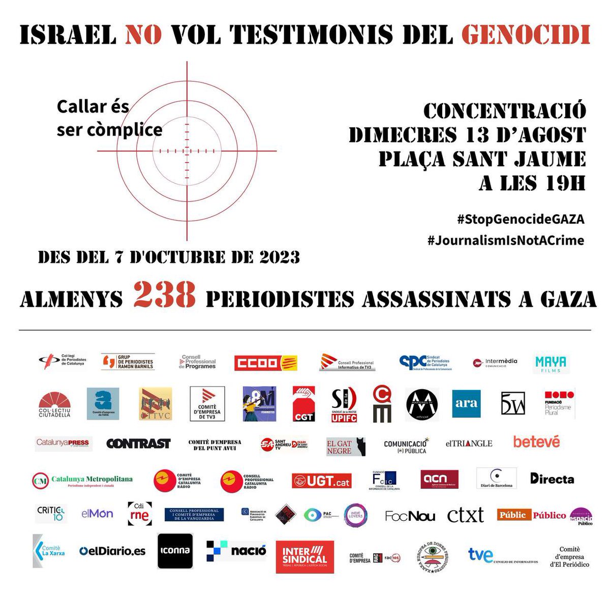Volen silenciar les veus que ens informen del genocidi a Gaza a base d’assassinar periodistes. No ens callaran! Vine a la concentració!