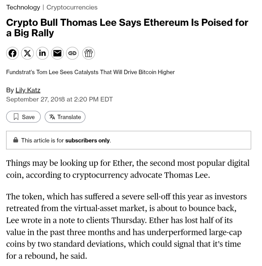 Screenshot of 2018 Barron's article predicting Ethereum rally by Fundstrat's Tom Lee