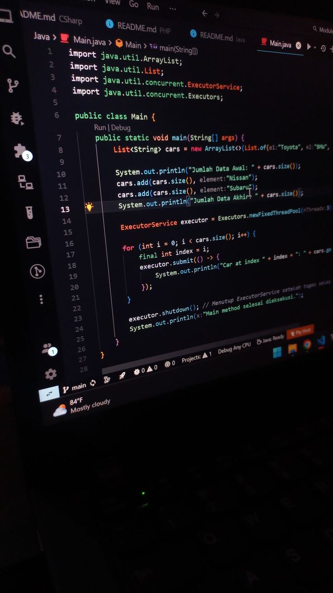 satochainn's tweet image. Example of adding data to an ArrayList in Java and running it with ExecutorService in multithreading: 

Starting with: Toyota, BMW
Adding: Nissan, Subaru
Printing “Car at index X” in parallel using 3 threads.
#Java #Multithreading #Coding