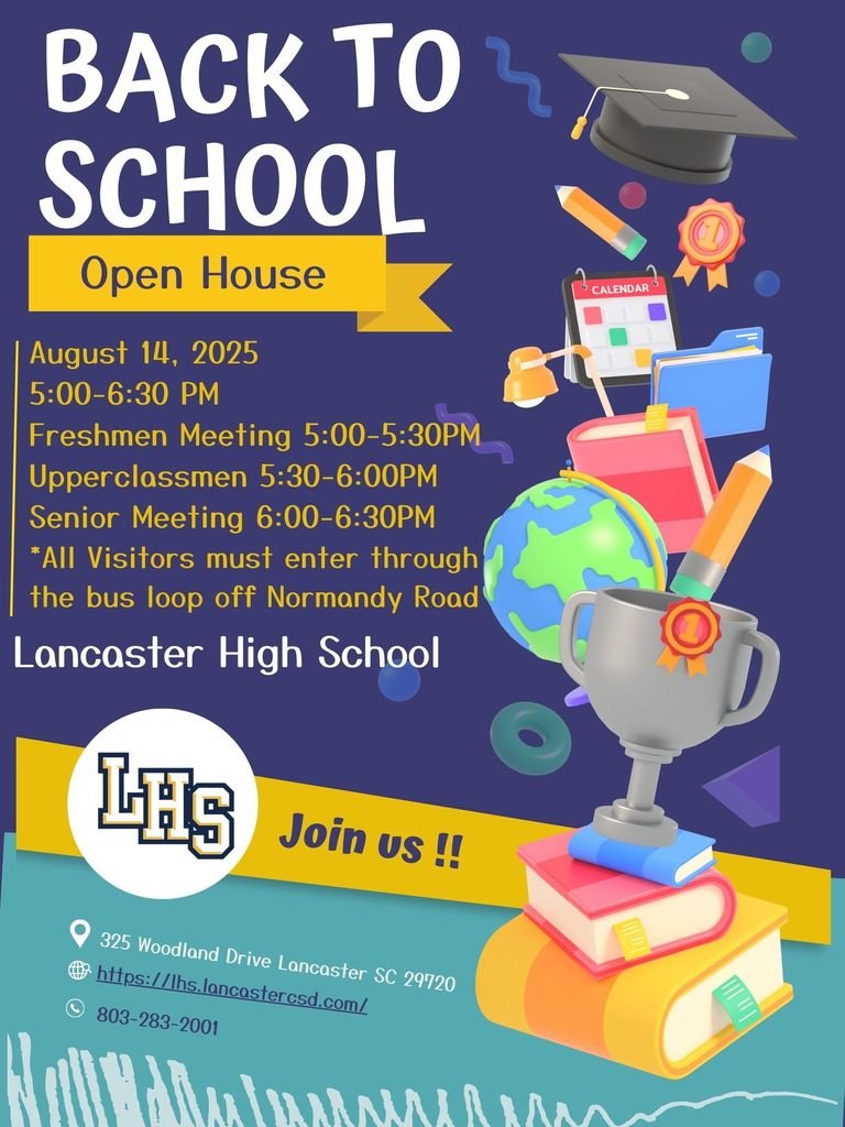 Please make plans to join us for our Open House from 5:00PM to 6:30PM.  The Freshmen Informational Meeting is 5-5:30PM, upperclassmen meeting is 5:30-6:00PM and the senior meeting is 6:00-6:30PM.  All visitors need to enter the building from Normandy Road (Bus Loop).