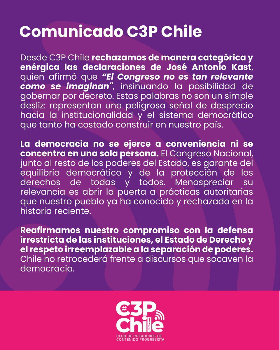 🔴DECLARACIÓN PÚBLICA
Ante la afirmación del candidato Kast.

Gabriel Boric Fidel Espinoza Partido Republicano Chilevamos