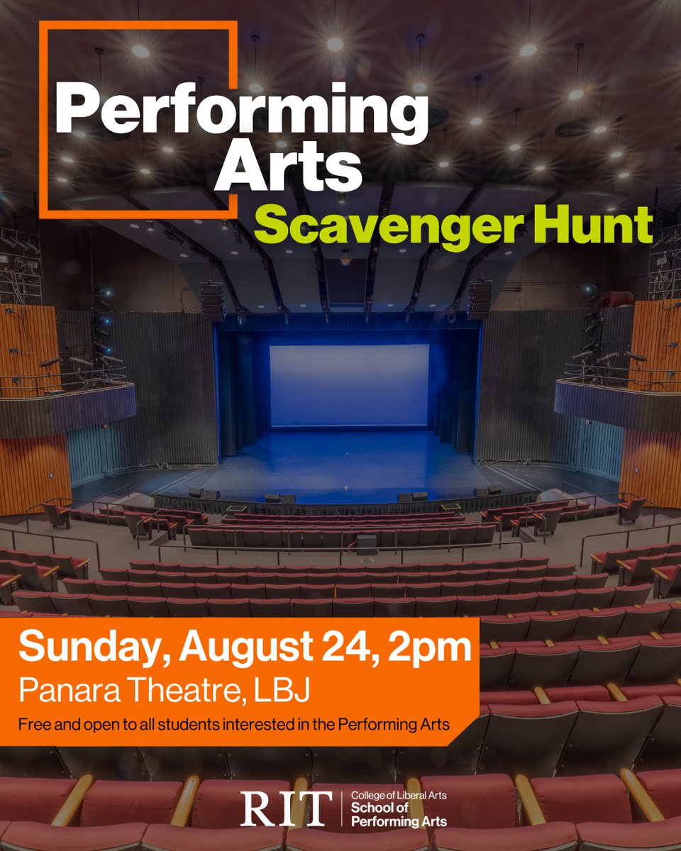 Kick off your 2025-2026 academic year with our performing arts scavenger hunt! Meet faculty and new peers, explore our theaters and studios, and learn about exciting opportunities. Open to all interested students!

Register > cglink.me/2d1/r2299808
Interpreters were requested.