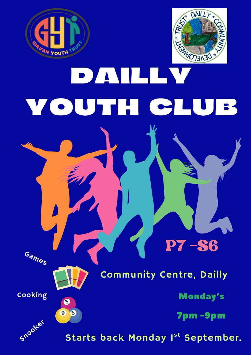 Dailly Youth Club starts back on MONDAY 1ST SEPTEMBER @ the Community Hall from 7.00pm - 9.00pm for anyone P7 to S6 (or equivalent) 🤩 #TeamGYT #RuralYouthWork