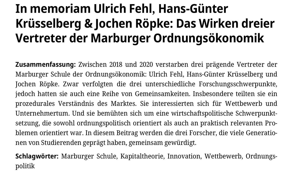 Wer in Marburg VWL/BWL studiert hat (und schon etwas älter ist), wird sich sicher an Ulrich Fehl, Hans-Günter Krüsselberg &amp; Jochen Röpke erinnern.

➡️ doi.org/10.1515/ordo-2…

#ORDO