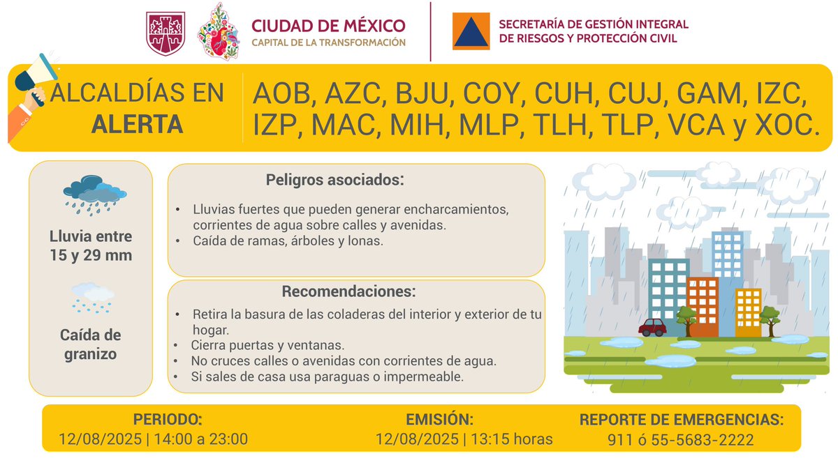 Se activa Alerta Amarilla por pronóstico de lluvias fuertes y posible caída de granizo para la tarde y noche del martes 12/08/2025 en todas las demarcaciones de la Ciudad de México.

#LaPrevenciónEsNuestraFuerza