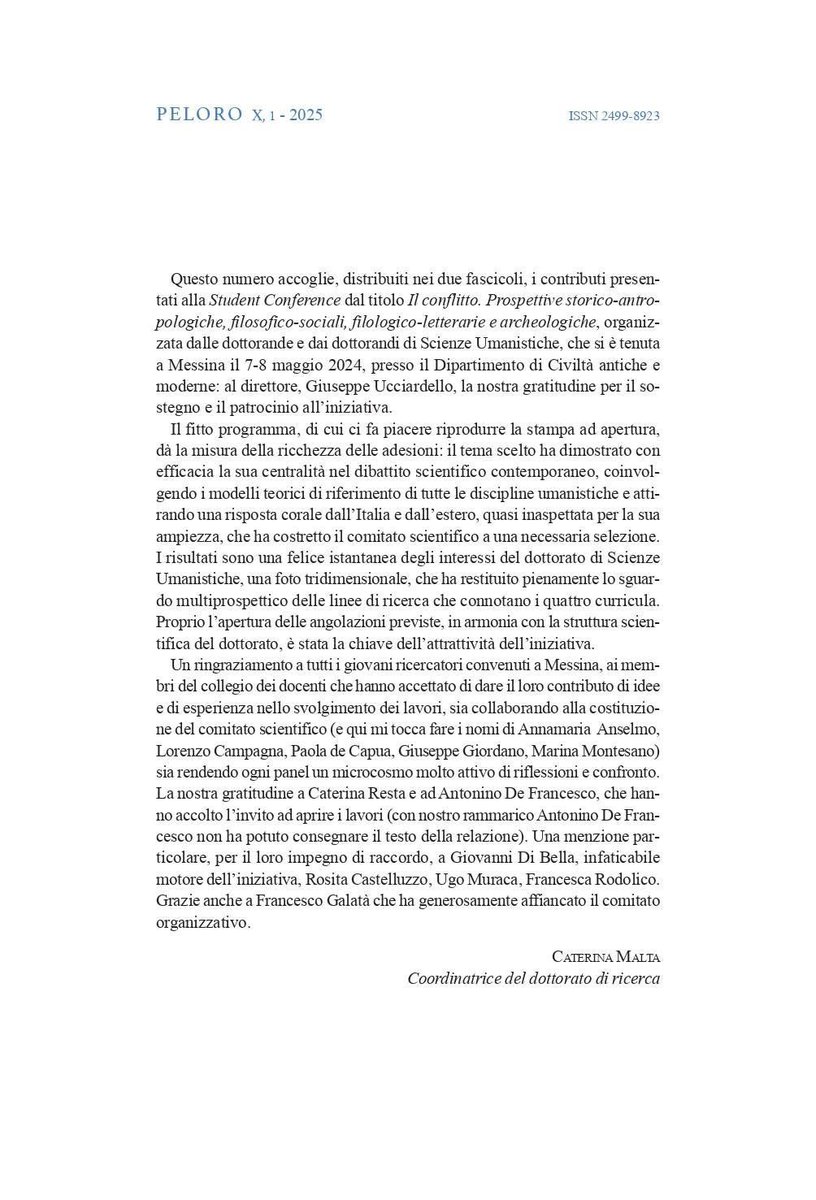 GiovanniDiBell9's tweet photo. Pubblicati gli Atti della Student Conference “Il Conflitto” accolti in «Peloro. Rivista del dottorato in scienze umanistiche».
In attesa della seconda parte, in uscita a dicembre, trovate il primo fascicolo in open access a questo link: https://t.co/Vp84BNKmgX https://t.co/mtqD36Xz3N