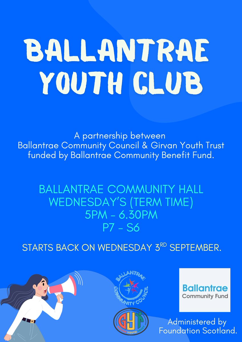Ballantrae Youth Club starts back on WEDNESDAY 3RD SEPTEMBER @ the Community Hall from 5.00pm - 6.30pm for anyone P7 to S6 (or equivalent) 🤩 #TeamGYT #RuralYouthWork