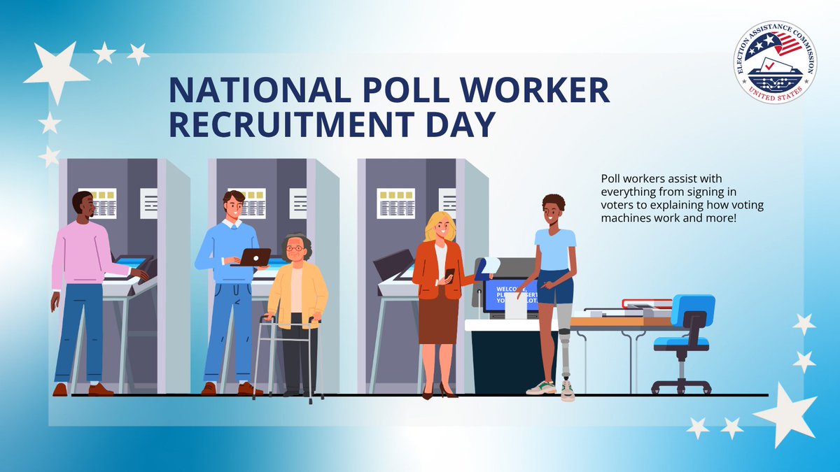 statesunited's tweet image. It’s National Poll Worker Recruitment Day. From opening the polls on time to guiding voters through the process, poll workers keep our free, fair, and secure elections running smoothly. Consider signing up today and #HelpAmericaVote!

eac.gov/help-america-v…