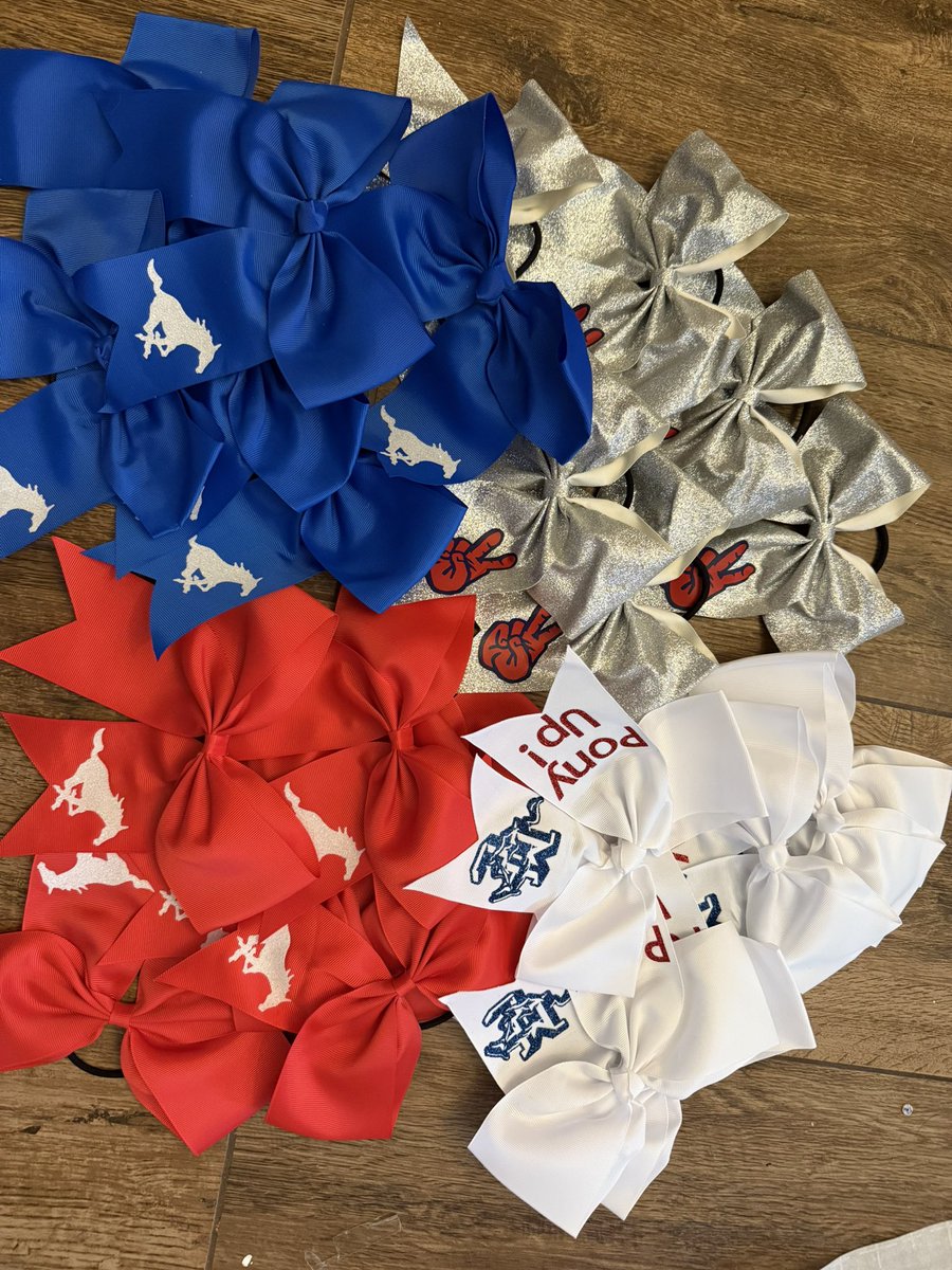 Taking a couple weeks to rest, which gave me time to make some bows for our school spirit store💙❤️ Go Stangs!!!!