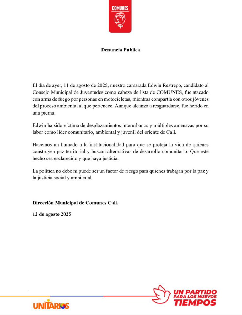 jhon Williams (@jhonwilliamsb11) on Twitter photo ATENCIÓN🚨 Dos líderes sociales fueron víctimas de la violencia en el Oriente d Cali.
En diferentes hechos Uno fue as&s!N@d0 y el otro herido, hacemos un llamado al alcalde <a href="/alejoeder/">Alejandro Eder</a> para q se ponga l frente d la situación, el trabajo social y comunitario no puede costar la vida ATENCIÓN🚨 Dos líderes sociales fueron víctimas de la violencia en el Oriente d Cali.
En diferentes hechos Uno fue as&s!N@d0 y el otro herido, hacemos un llamado al alcalde <a href="/alejoeder/">Alejandro Eder</a> para q se ponga l frente d la situación, el trabajo social y comunitario no puede costar la vida