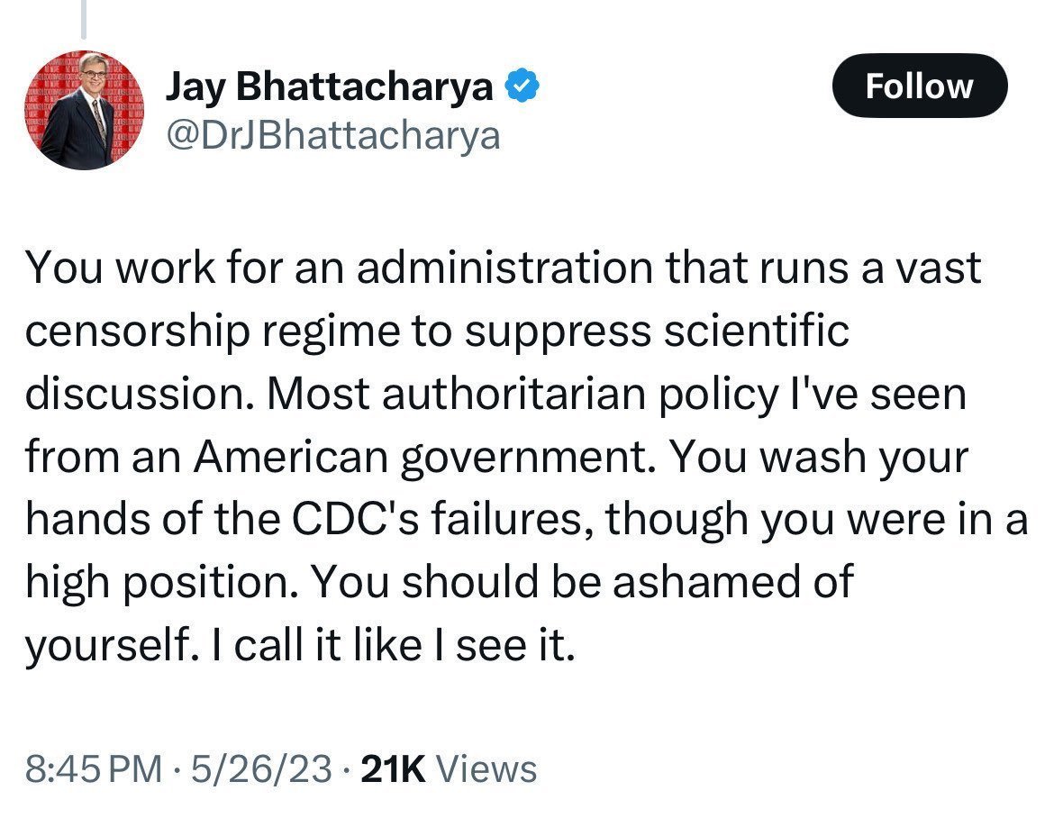 OUr <a href="/NIHDirector_Jay/">Jay Bhattacharya, MD, PhD</a> said this